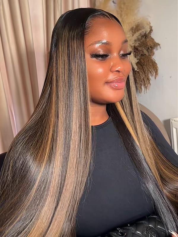 Ombre Blonde Brown Highlight Straight Lagos Hairline 13x6 HD Lace Frontal Human Hair Wig 250% Density