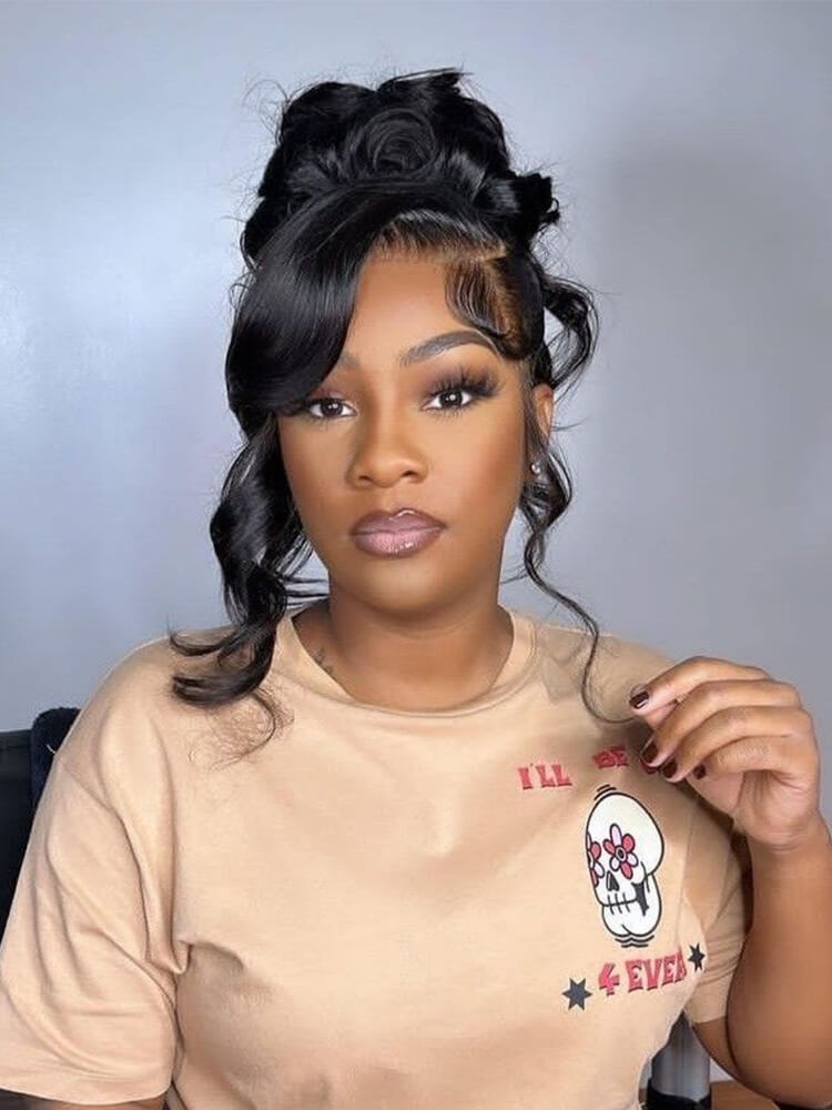 Glueless 360 Lace Body Wave Wig Miss Buns With Side Part Bangs Style